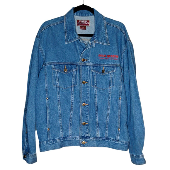 Vintage Mens Large Denim Jacket Four Queens Casino Hotel Las Vegas Blue Denim - Picture 2 of 11